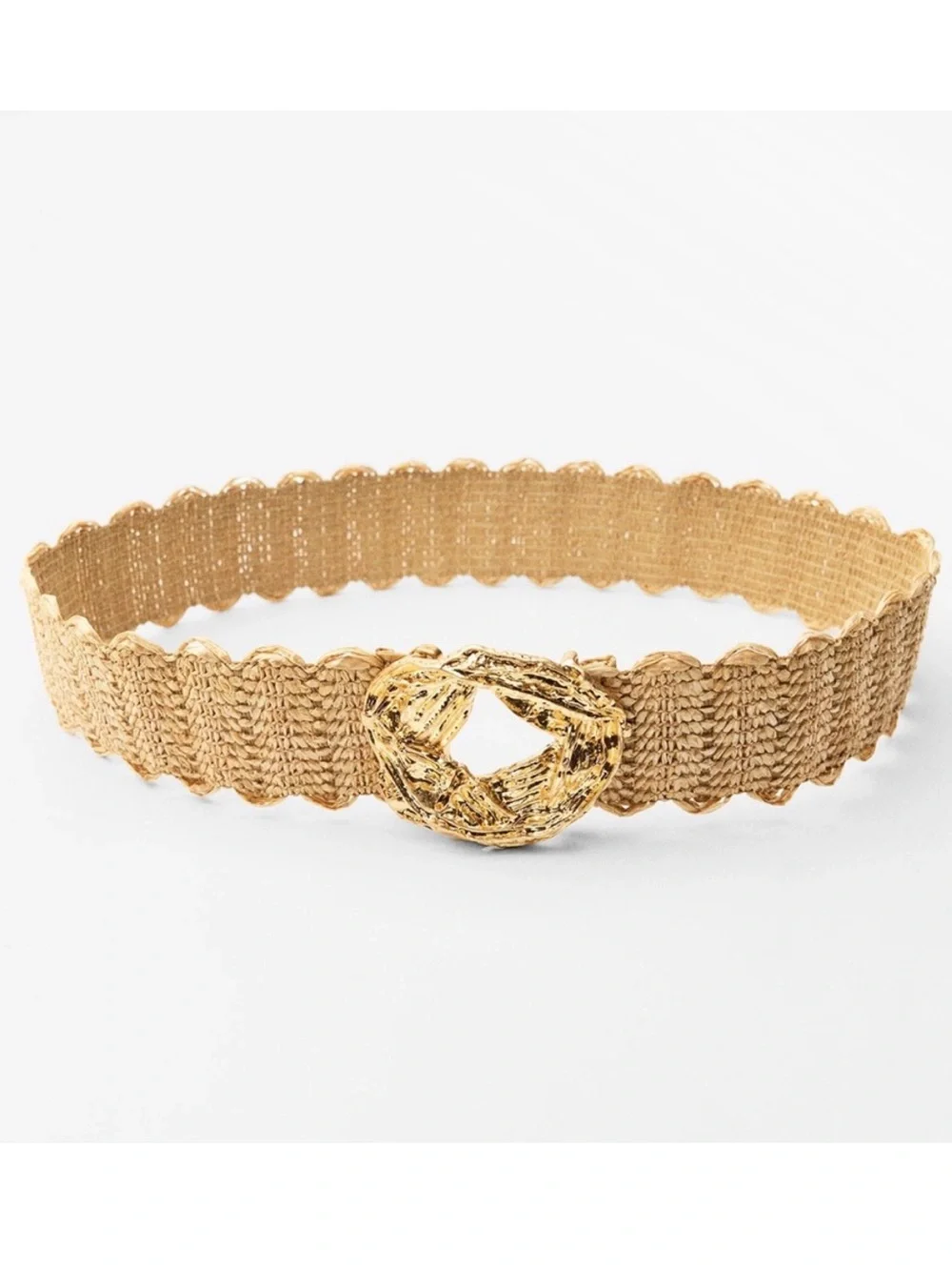 Zara NWT Metallic Gold Woven stretch Waist Belt Textured Round Buckle -size 30